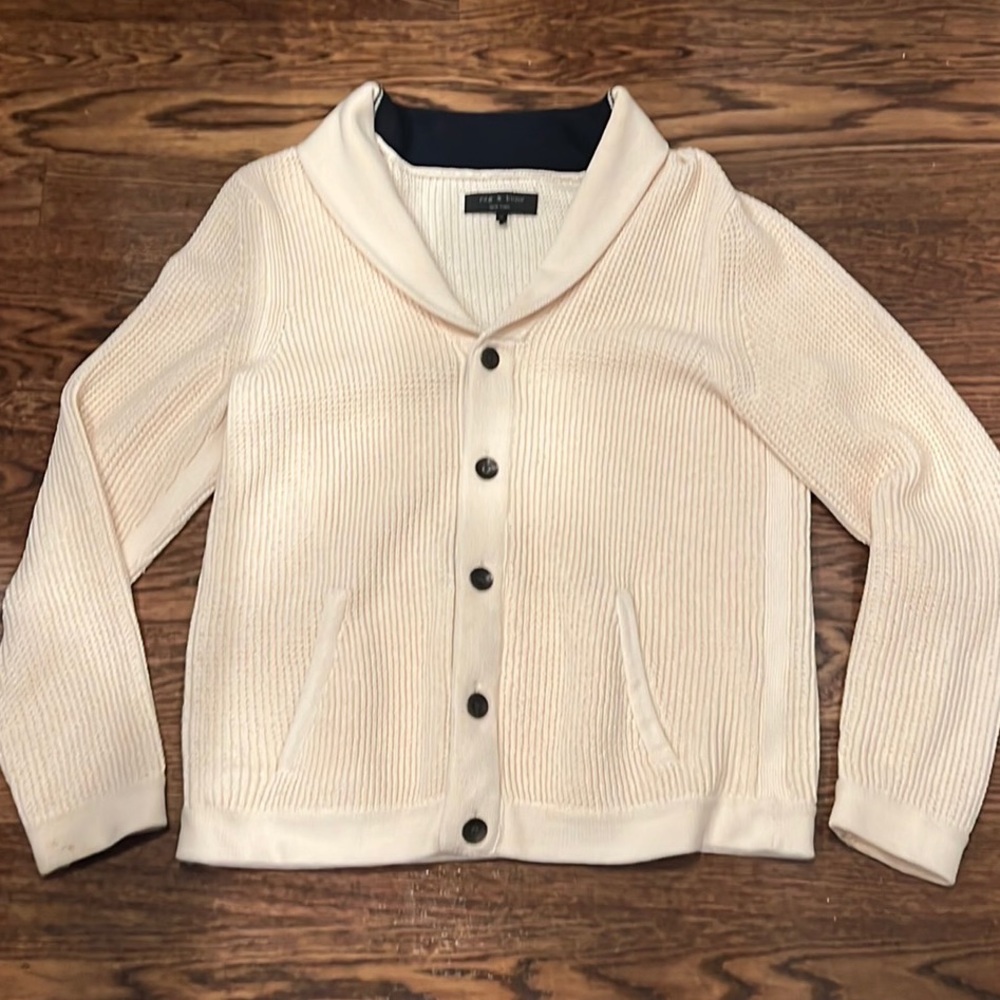 Rag & Bone Men’s Shawl Cardigan Sweater Knit Off White Cream Ivory Navy Medium M